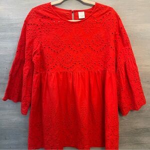 100% Cotton Red Eyelet Scoop Neck 3/4 Bell Sleeve Smock Blouse Large Like New